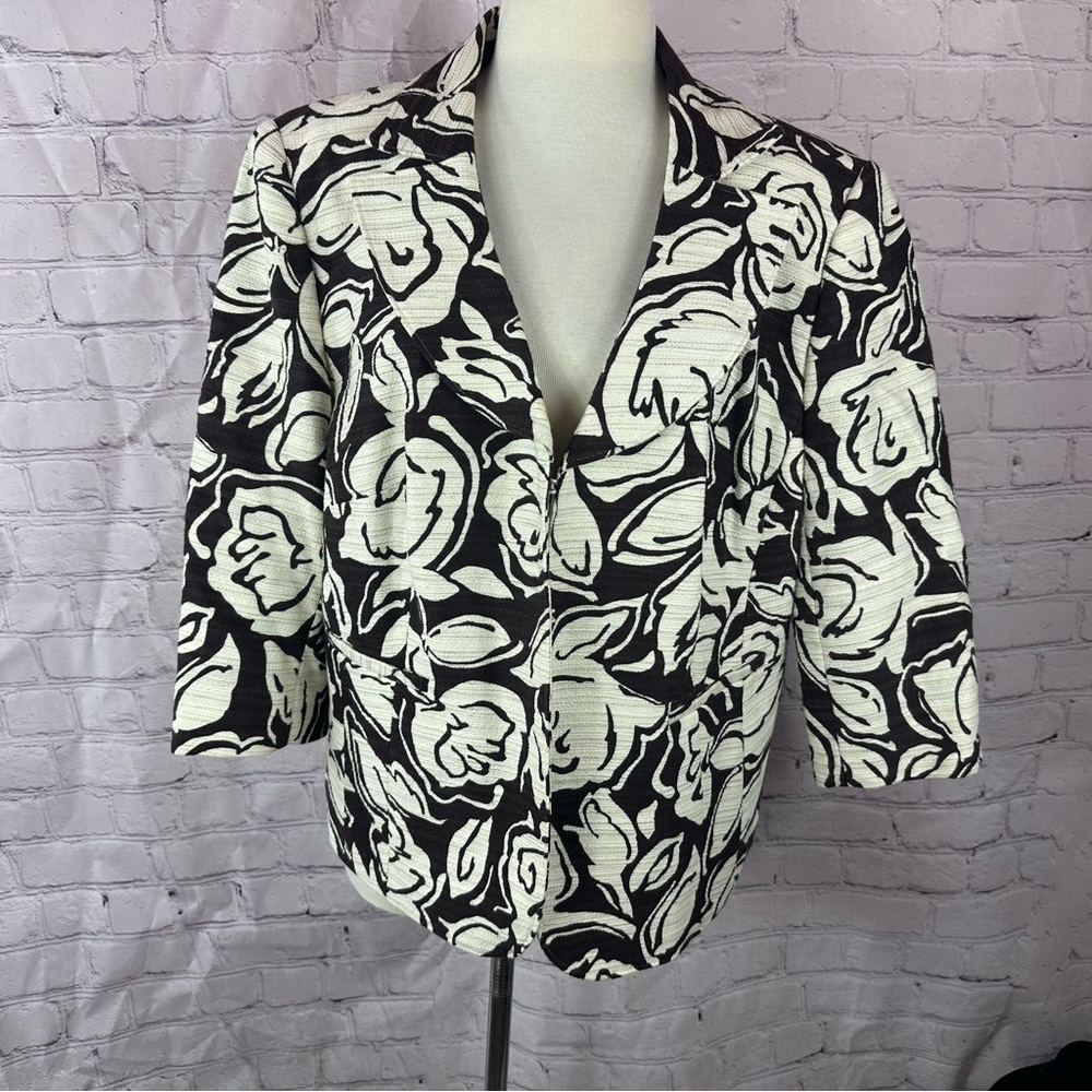 Talbots brown cream Floral Jacket blazer 16W cotton linen blend 3/4 sleeve